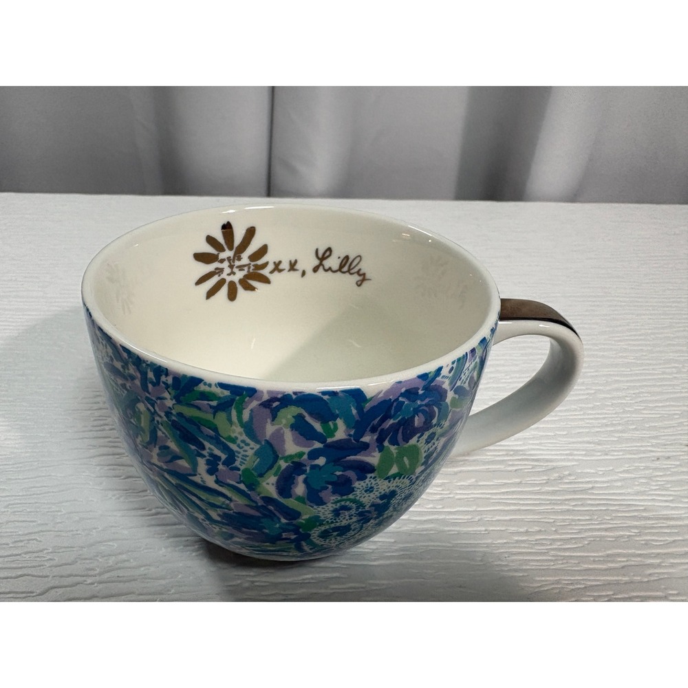 Lilly Pulitzer Floral Ceramic Coffee Mug Blue Purple Green Gold Handle Cup S0076